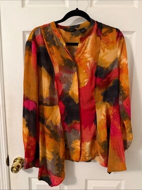 Investments Multicolor Abstract Watercolor Blouse - Red, Gold, Gray